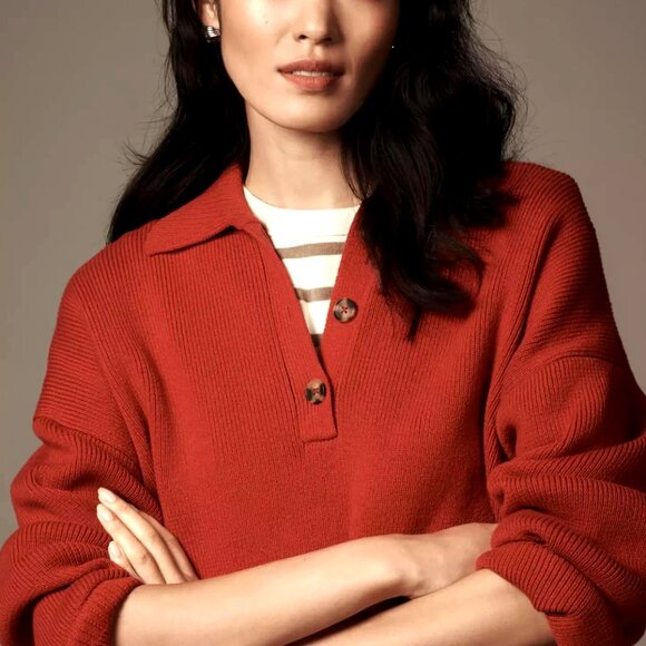 Reformation Anthropologie Brooklyn Polo Sweater Organic Cotton Sweater Red XS - Picture 5 of 10